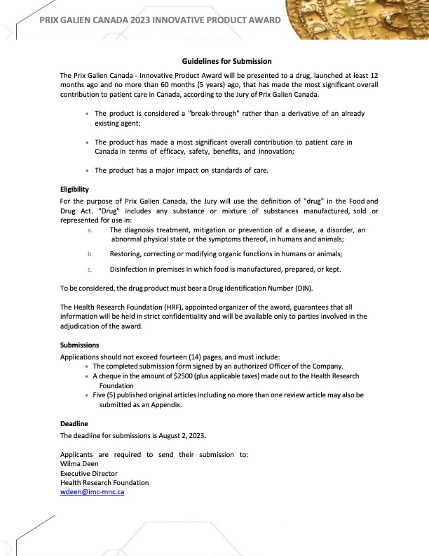 Thumbnail of the 2023 Prix Galien Canada Innovative Product Award Guidelines