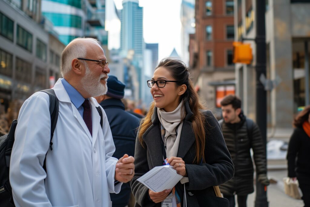 An older man in a lab coat and a younger woman in professional attire are engaging in a conversation on a busy city street.