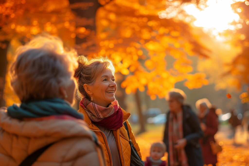Two older women enjoying a beautiful autumn day in the park. 